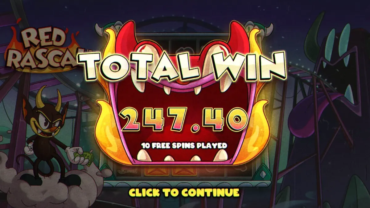 Tampilan visual slot Red Rascal dengan tema karnaval horor dan gaya kartun klasik.