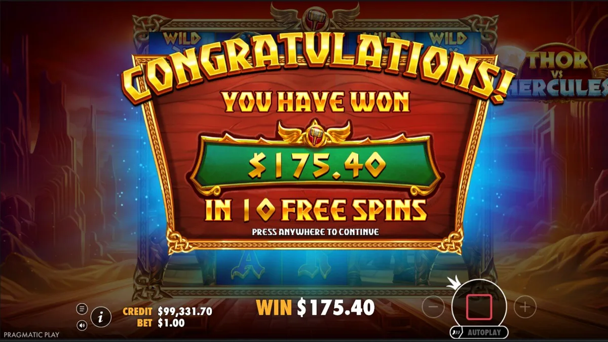 Thor vs Hercules slot game screen featuring the two legendary heroes